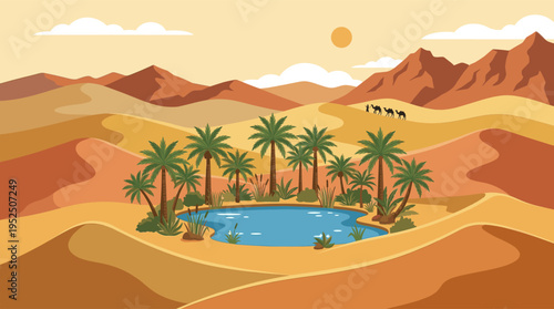 A vector illustration of a scenic desert oasis with palm trees, blue water, and a camel caravan traveling across golden sand dunes under a hot sun.