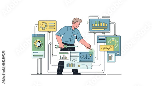 Illustration of a man interacting with various technical screens and diagrams in a digital workspace.