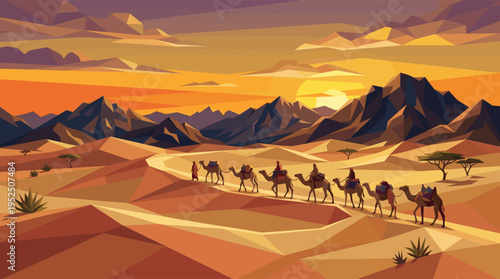 A vector illustration of a camel caravan with riders crossing vast desert sand dunes at sunset, set against a backdrop of mountains in a warm, low-poly, geometric style.
