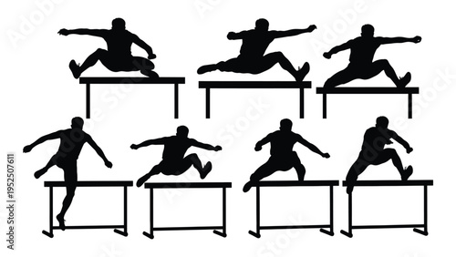 A series of silhouettes of a person jumping over obstacles