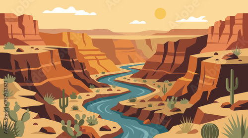 A panoramic flat vector illustration of a warm desert canyon, featuring a blue river snaking through red rock formations and cacti under a sunny sky.