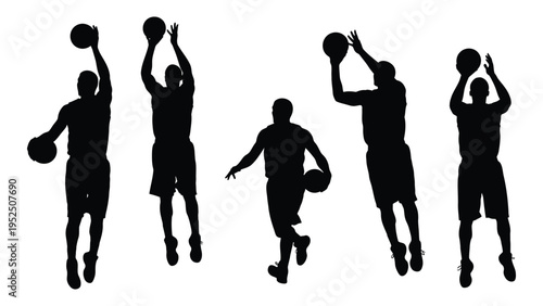 Five black silhouettes of basketball players in various poses