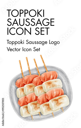 Toppoki Sausage Logo Vector Icon Set on a Plate with Skewers, Delicious Korean Street Food Illustration