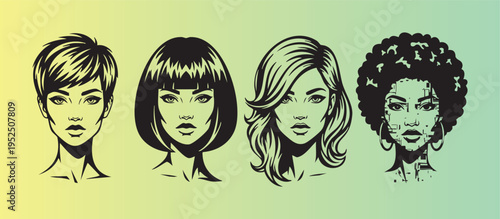 Four stylized female portraits with different hairstyles illustration