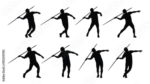 A set of black silhouettes of a person performing different pole vaulting poses