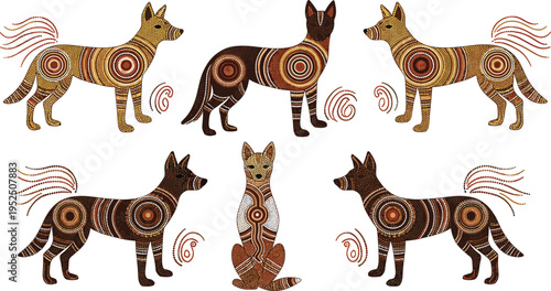 Aboriginal style dog vector set with ethnic patterns, Australian indigenous art inspired animal illustrations and decorative tribal design collection