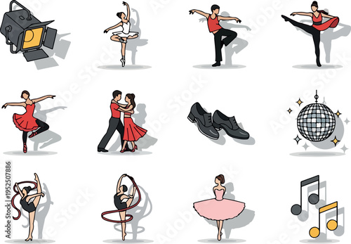 Collection of diverse dance and performance icons including ballet, ballroom, disco, and music notes, set against a clean white background