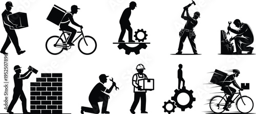 Construction worker and delivery courier silhouettes set with builders mechanics cyclists and logistics workers icons for labor industry and service workforce vector collection