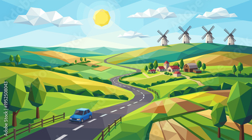 A blue car drives on a winding road through a sunny, low poly rural landscape with green hills, a village, and windmills.
