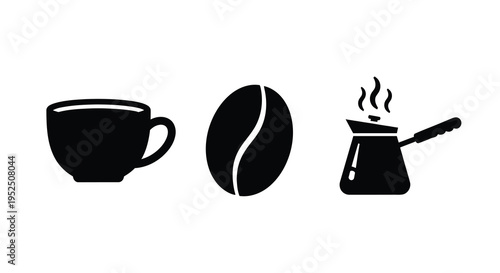 Coffee elements including cup bean and cezve in black silhouette