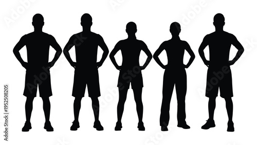 Five men standing in a row with hands on hips