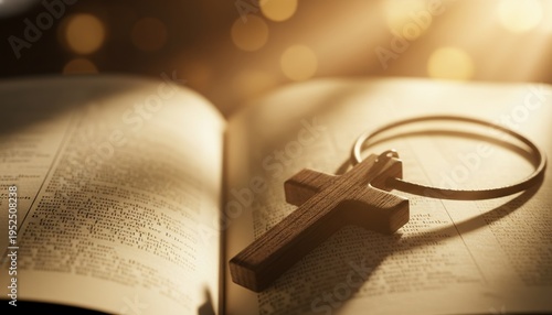 Bible, Cross, Faith, Christianity, Religion, Spirituality, Prayer: A wooden crucifix necklace lying on an open holy book with golden warm light and soft bokeh background.