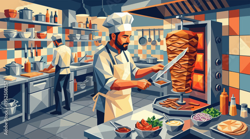 Stylized illustration of a professional chef with a beard slicing meat from a vertical doner kebab rotisserie in a busy commercial restaurant kitchen.