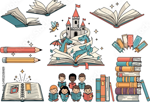 Fantasy castle, dragon, fairy, and children reading books illustration, a symbol of imagination, education, and storytelling