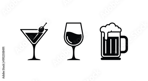 Three alcoholic beverages displayed martini wine and beer silhouette