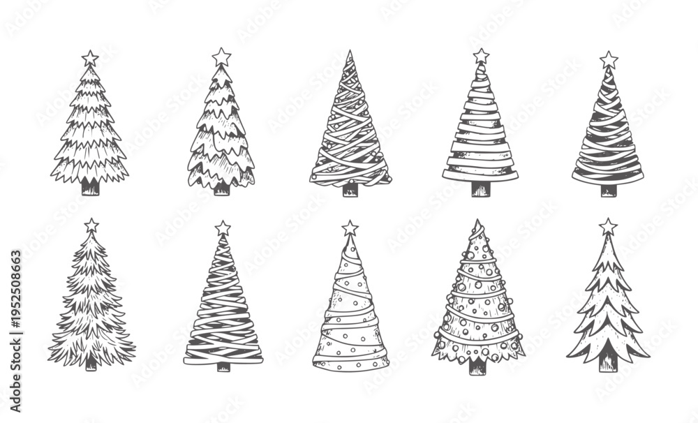 Obraz premium Collection of ten hand drawn Christmas trees with stars holiday festive