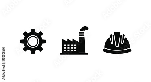 Industrial icons featuring a factory gear and helmet silhouette