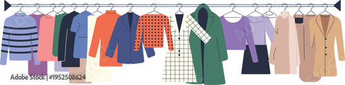 Assortment of colorful women's clothing items hanging on a rack fashion apparel