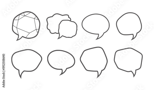 Collection of eight diverse hand drawn speech bubble outlines talk chat dialogue