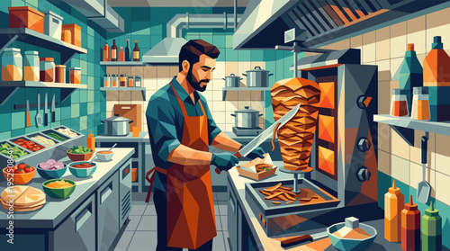 A focused chef in an apron carves meat from a vertical rotisserie in a busy restaurant kitchen, an illustration concept.