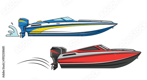 Two colorful speedboats with outboard motors speeding through the water