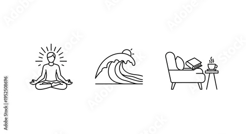 Minimalist icons depict relaxation nature and cozy home life silhouette
