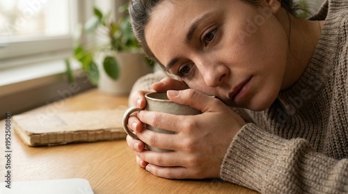 sad woman, depression, lonely, mental health, anxiety, pensive, burnout, grieving young woman holding coffee cup while sitting alone at home table looking stressed and exhausted.