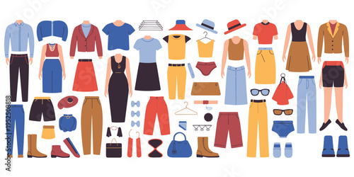 Assortment of men's and women's fashion clothing and accessories flat lay Keywords: clothing, apparel, fashion, men's fashion