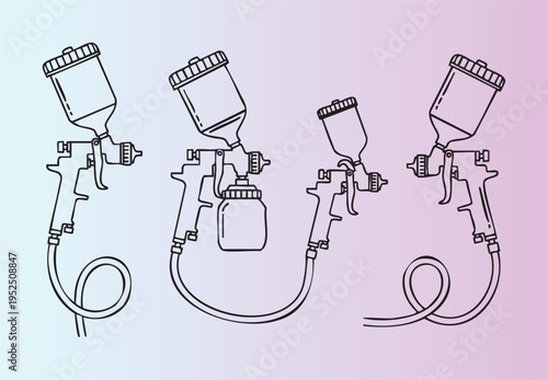 Illustration of three different paint spray guns isolated on transparent background
