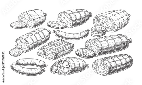 Hand drawn assortment of sliced and whole sausages and cured meats