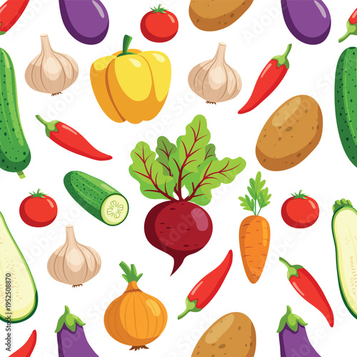 Seamless pattern with colorful fresh vegetables including tomato, cucumber, carrot, onion, garlic, chili pepper, beetroot, eggplant, zucchini, potato, and bell pepper. For farm-to-table themed project