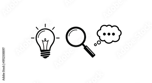 Black icons representing ideas research and thought a silhouette
