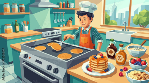 A smiling man in a chef hat and apron flips pancakes on a griddle in a bright, modern kitchen for a delicious family breakfast.