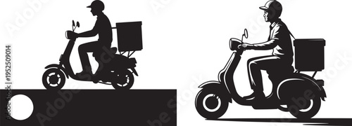 Delivery man on scooter silhouette, fast shipping and logistics symbol, vector, food delivery