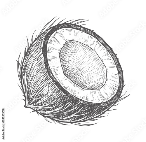 Hand drawn of a halved coconut with fibrous husk and white flesh food fruit tropical