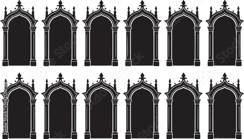 Gothic arch window pattern, architectural element, black silhouette design, black and white