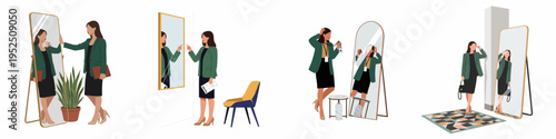 Set of four flat vector illustrations featuring a professional businesswoman preparing for work, checking her outfit and resume in a full-length mirror.