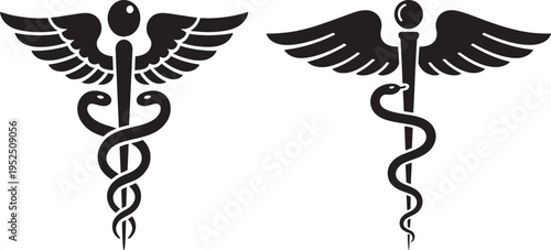 Caduceus symbol set with wings and snake, medical healthcare icon, black and white