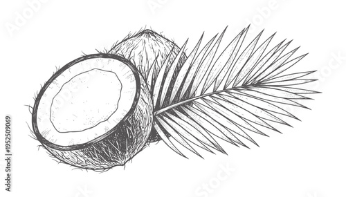 Hand drawn of a whole coconut and a halved coconut with a palm leaf fruit tropical