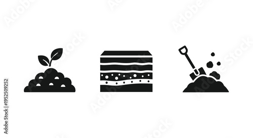 Gardening icons depicting growth compost and digging a black silhouette