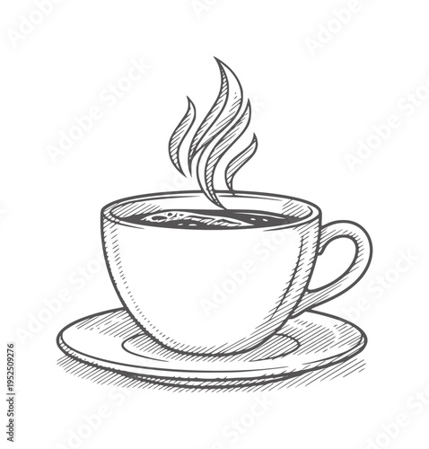 Hand drawn steaming cup of coffee saucer