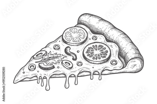 Hand drawn slice of pizza with melted cheese and tomato food vintage