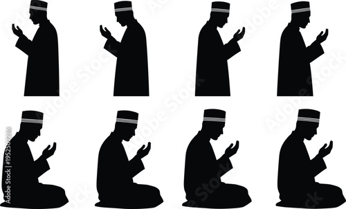 Islamic prayer silhouette illustration set, man cap worship artwork, religious devotion vector design concept