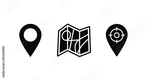 Location pins and a map displayed as a bold silhouette