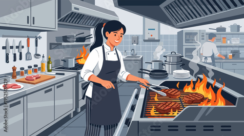 A smiling female chef in a uniform and apron grills steaks with tongs over an open flame in a busy, professional restaurant kitchen.