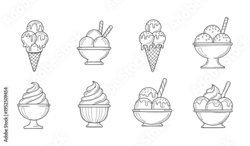Set of eight hand drawn ice cream in cones and bowls scoop