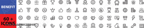 Benefit set of web icons in line style. Exclusive benefits linear icon collection. Containing reward, bonus, loyalty, star, winner, award, prize, incentive, reward and more. Outline icon