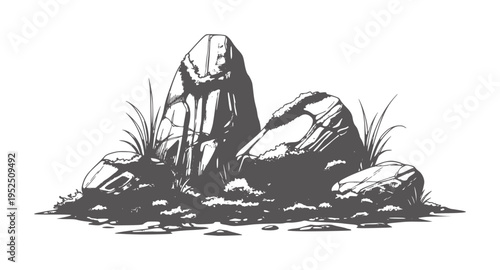 Stylized of weathered rocks and grass in dark gray stone nature