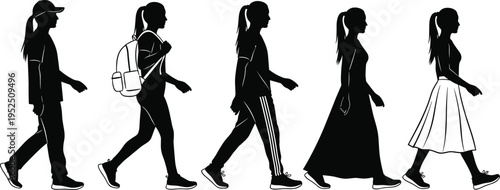 Walking silhouette illustration set, diverse modern outfit fashion artwork, people forward movement vector design concept