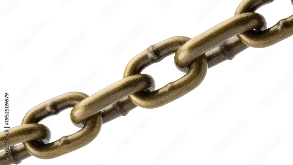 Fototapeta premium Isolated sturdy antique brass chain segment with interlocking links and shiny metallic finish.
